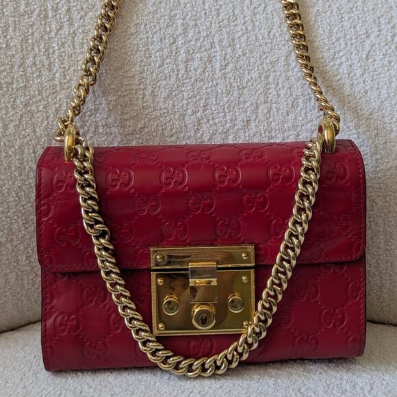 GUCCI Ssima Padlock Small GG Logo Leather Chain Shoulder Bag Red - Picture 3 of 6